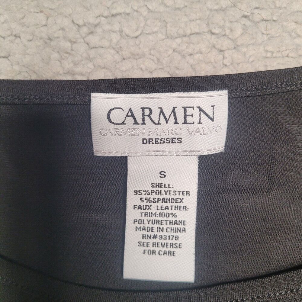 Carmen Marc Valvo Dress Small Black Cold Shoulder One Sleeve Faux Leather Trim - Picture 7 of 8